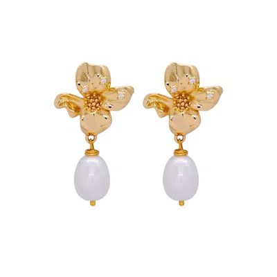 Valerie Chic Women's White / Gold Crystal Dogwood Flower Pearl Earrings
