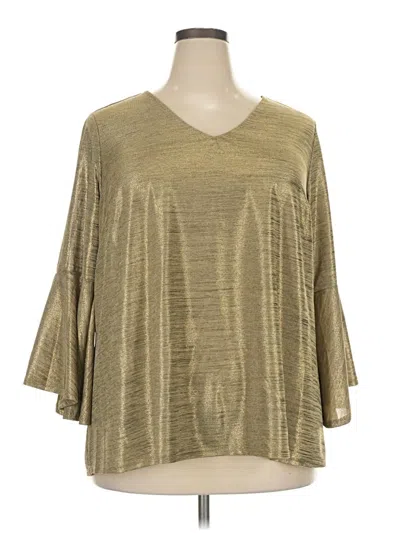 Pre-owned Valerie Stevens 3/4 Sleeve Top Gold Metallic Pattern V-neck Tops
