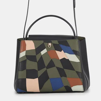 Pre-owned Valextra Arthur Albesse Collaboration Brera 2-way Top Handle Bag Khaki/multicolor Leather Size Medium In Black