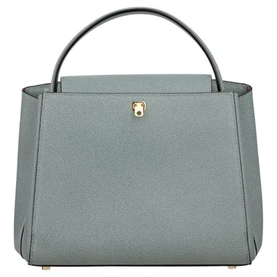 Pre-owned Valextra Brera Smokey Blue Grained Leather Medium Top Handle With Gold Tone Hard