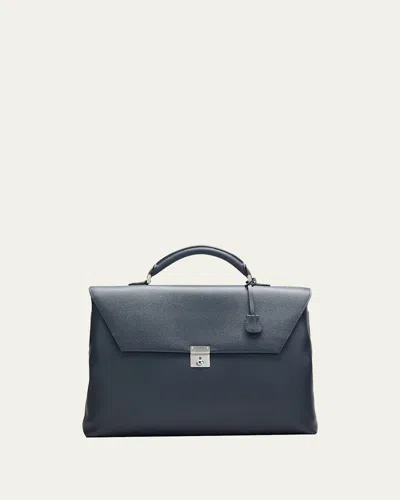 Valextra Men's Avietta Pebble Leather Briefcase In Blu Bb