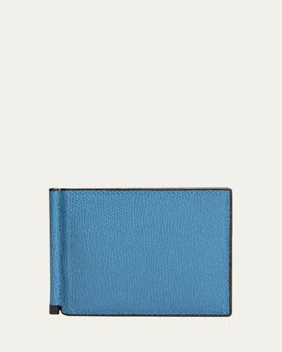 Valextra Men's Simple Grip Calfskin Money Clip Wallet In Nebula Blue/chocolate Brown