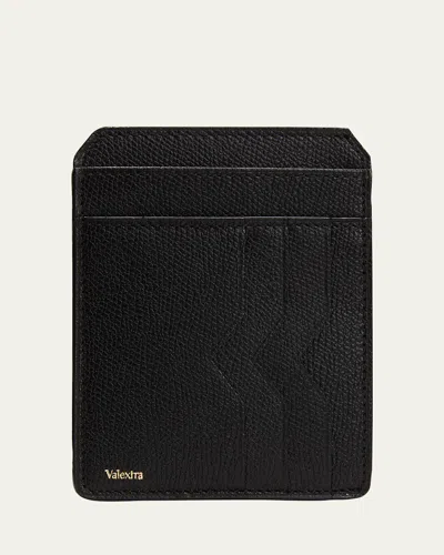Valextra Men's V-cut Compact Pebble Leather Card Holder In Nero