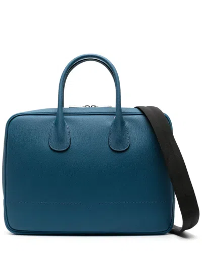 Valextra Mylogo Leather Laptop Bag In Blue
