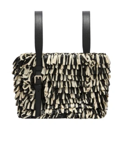 Valextra Soft Wavy Raffia Bucket Bag In Black/pergamena White