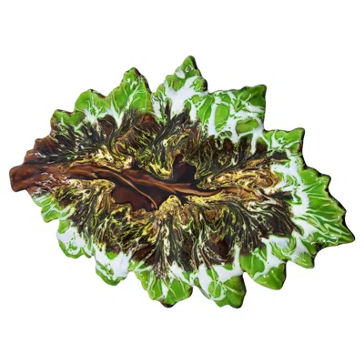 Pre-owned Vallauris Am Vallauris Leaf-shaped Fruit Bowl, Green Ceramic, French Riviera Design