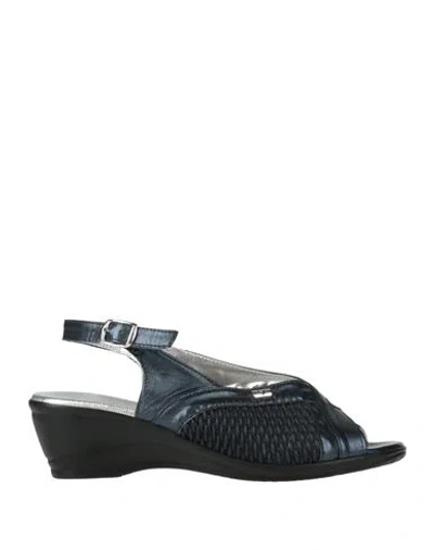 Valleverde Woman Sandals Navy Size 5 Leather, Textile Fibers In Black