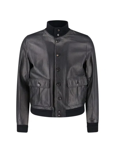 VALSTAR TEXTURED BLACK LEATHER JACKET WITH CASHMERE RIBBED COLLAR
