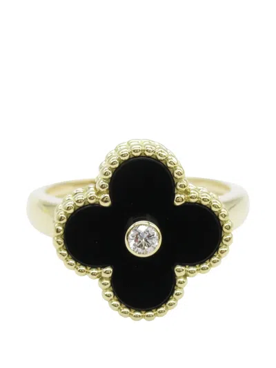 Pre-owned Van Cleef & Arpels 10s 18k Yellow Gold Alhambra Onyx And Diamond Ring