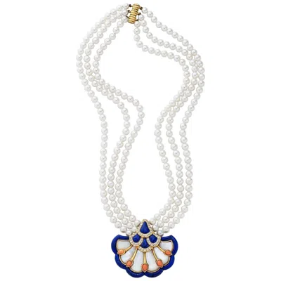 Pre-owned Van Cleef & Arpels 18 Karat Gold 0.82 Carat Diamond Lapis, Coral & Mop Necklace In Red
