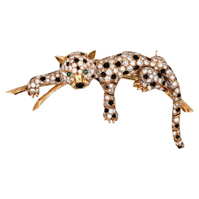 Pre-owned Van Cleef & Arpels , 18k Gold Diamond Onyx Emerald Feline Brooch In Green