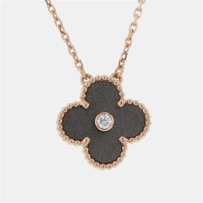 Pre-owned Van Cleef & Arpels 18k Rose Gold Obsidian Diamond 2023 Holiday Vintage Alhambra Pendant Necklace