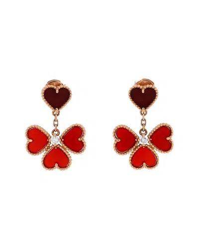 Pre-owned Van Cleef & Arpels 18k Rose Gold Sweet Alhambra Effeuillage Heart Earrings With Carnelian And Diamon
