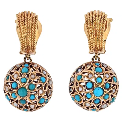 Pre-owned Van Cleef & Arpels 18k Yellow Gold 1960's Turquoise Pearl Drop Dangle Earrings