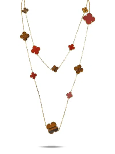 Pre-owned Van Cleef & Arpels 18k Yellow Gold Alhambra Carnelian And Tiger's Eye Necklace