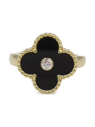 Pre-owned Van Cleef & Arpels 18k Yellow Gold Alhambra Diamond And Onyx Ring In Black