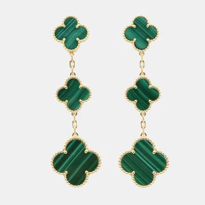 Pre-owned Van Cleef & Arpels 18k Yellow Gold And Malachite Magic Alhambra 3 Motif Earrings