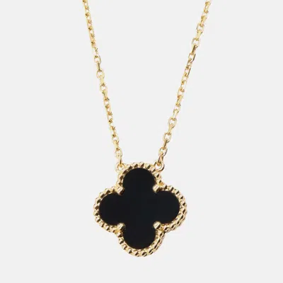 Pre-owned Van Cleef & Arpels 18k Yellow Gold And Onyx Vintage Alhambra Pendant Necklace