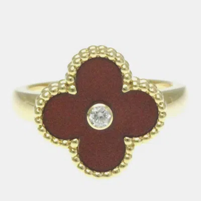 Pre-owned Van Cleef & Arpels 18k Yellow Gold Diamond And Carnelian Vintage Alhambra Ring Eu 53