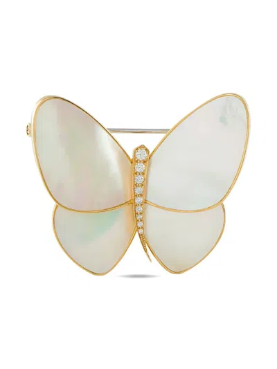 Pre-owned Van Cleef & Arpels 18k Yellow Gold Diamond And Mother Of Pearl Butterfly Brooch