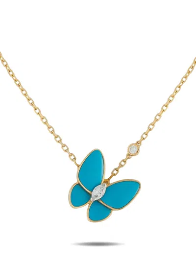Pre-owned Van Cleef & Arpels 18k Yellow Gold Diamond And Turquoise Butterfly-pendant Necklace