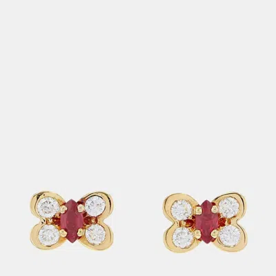 Pre-owned Van Cleef & Arpels 18k Yellow Gold Ruby & Diamond Butterfly Earrings