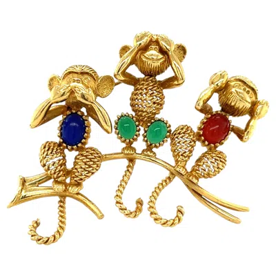 Pre-owned Van Cleef & Arpels 18k Yellow Gold Van Cleef Arpels Three Wise Monkeys Brooch W/ Carnelian, Dyed Ch