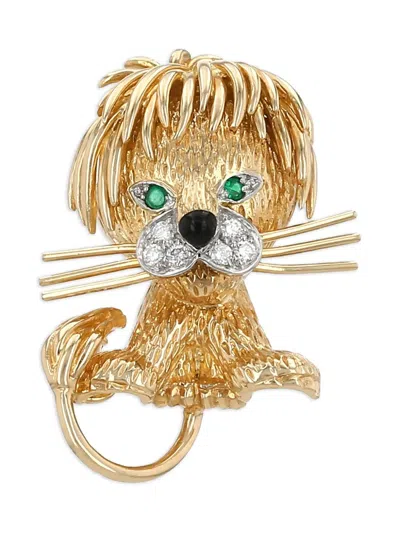 Pre-owned Van Cleef & Arpels 1970s 18k Yellow Gold Lion Ebouriffé Diamond And Emerald Brooch
