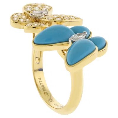 Pre-owned Van Cleef & Arpels 2 Butterfly Between The Finger Turquoise And Diamond Ring In Multi