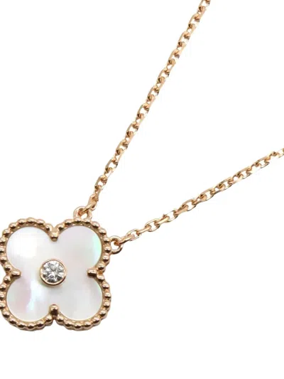 Pre-owned Van Cleef & Arpels 2010s 18k Rose Gold Alhambra Diamond And Mother-of-pearl Necklace