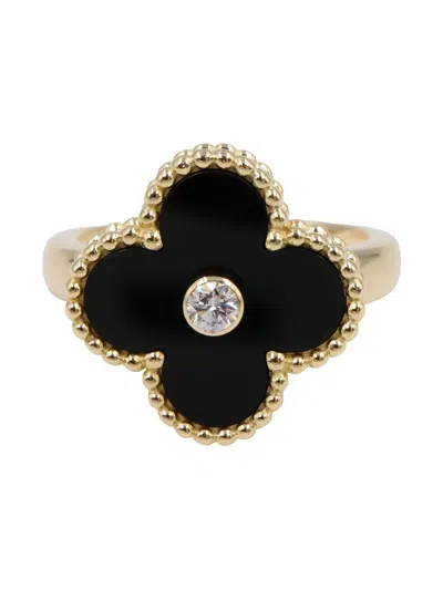 Pre-owned Van Cleef & Arpels 2010s 18k Yellow Gold Alhambra Diamond Onyx Ring