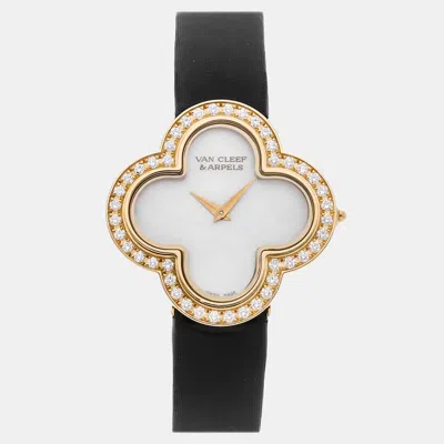 Pre-owned Van Cleef & Arpels Alhambra Arf52800 White 18k Yellow Gold Quartz Women Wristwatch 30mm