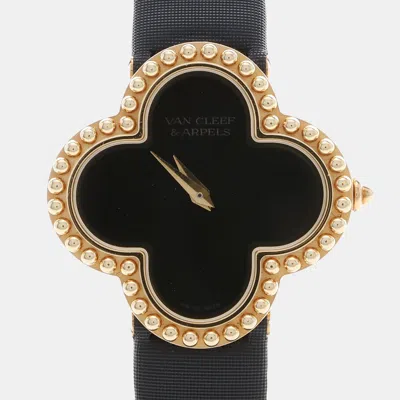 Pre-owned Van Cleef & Arpels Alhambra Black Quartz 18k Yellow Gold Women Wristwatch 26mm