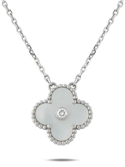 Pre-owned Van Cleef & Arpels Alhambra Diamond And Mother-of-pearl Necklace In Silver