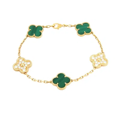 Pre-owned Van Cleef & Arpels Alhambra Malachite Diamond 18k Yellow Gold Bracelet W/paper