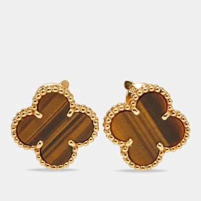 Pre-owned Van Cleef & Arpels Alhambra Tiger's Eye 18k Yellow Gold Earrings