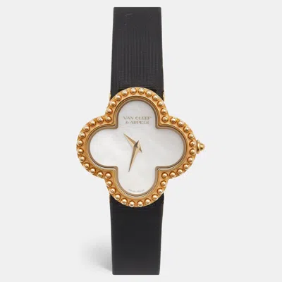 Pre-owned Van Cleef & Arpels Alhambra Vcard22000 Mother Of Pearl Dial 18k Yellow Gold Satin Women's Wristwatch 26 Mm In Black