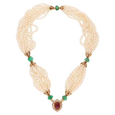 Pre-owned Van Cleef & Arpels Carved Emerald, Cabochon Ruby, Diamond And Pearl Necklace In Multi