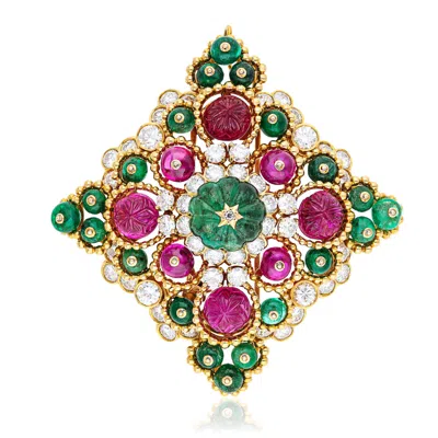 Pre-owned Van Cleef & Arpels Carved Emerald, Ruby, Emerald & Ruby Bead, And Diamond Brooch In Green