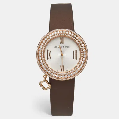Pre-owned Van Cleef & Arpels Charms 2572115 Silver Dial 18k Rose Gold Leather Satin Diamond Women's Wristwatch 38 Mm In Brown