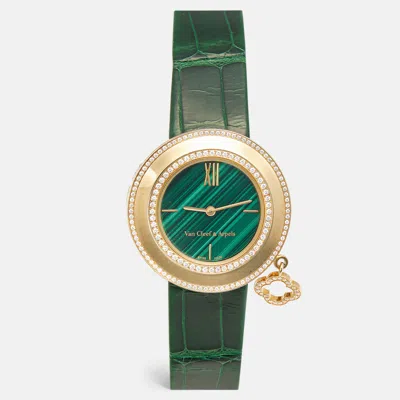 Pre-owned Van Cleef & Arpels Charms Vcaro8nr00 Green Dial 18k Rose Gold Diamond Malachite Alligator Leather Women's Wristwatch 32