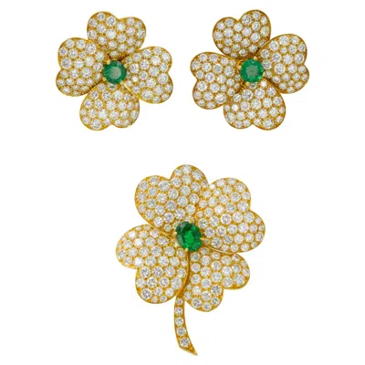Pre-owned Van Cleef & Arpels 'cosmos' Diamond And Emerald Earrings And Brooch In Green