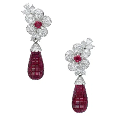 Pre-owned Van Cleef & Arpels Diamond And Invisibly Set Ruby 'fleurette's' Earrings In Multi