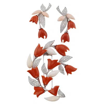 Pre-owned Van Cleef & Arpels Diamond Coral Tulips 18k White Gold Brooch Earrings Suite