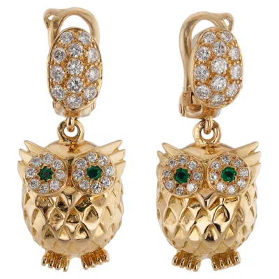 Pre-owned Van Cleef & Arpels Diamonds Emerald Yellow Gold 1970s Owl Earrings