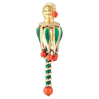 Pre-owned Van Cleef & Arpels Enamel Coral Diamond Gold Jester Brooch In Red