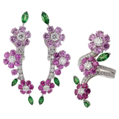 Pre-owned Van Cleef & Arpels Folie Des Pres Broderie Diamond Gold Earrings & Ring Set In Multi