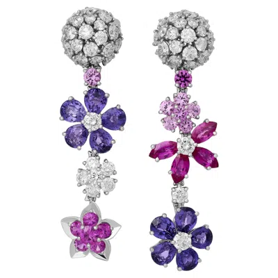 Pre-owned Van Cleef & Arpels Folie Des Pres Diamond & Sapphire Flower Earrings In 18kwg In Blue