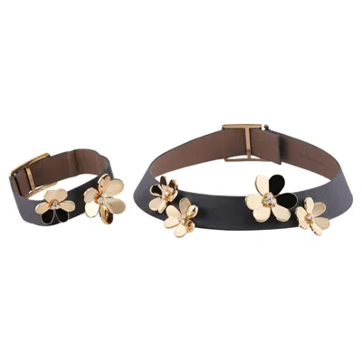 Pre-owned Van Cleef & Arpels Frivole Revena Leather Diamond Gold Flower Choker & Bracelet In Multi
