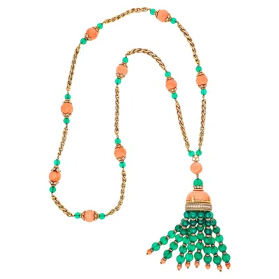 Pre-owned Van Cleef & Arpels Green Chalcedony, Coral And Diamond Tassel Necklace In Red